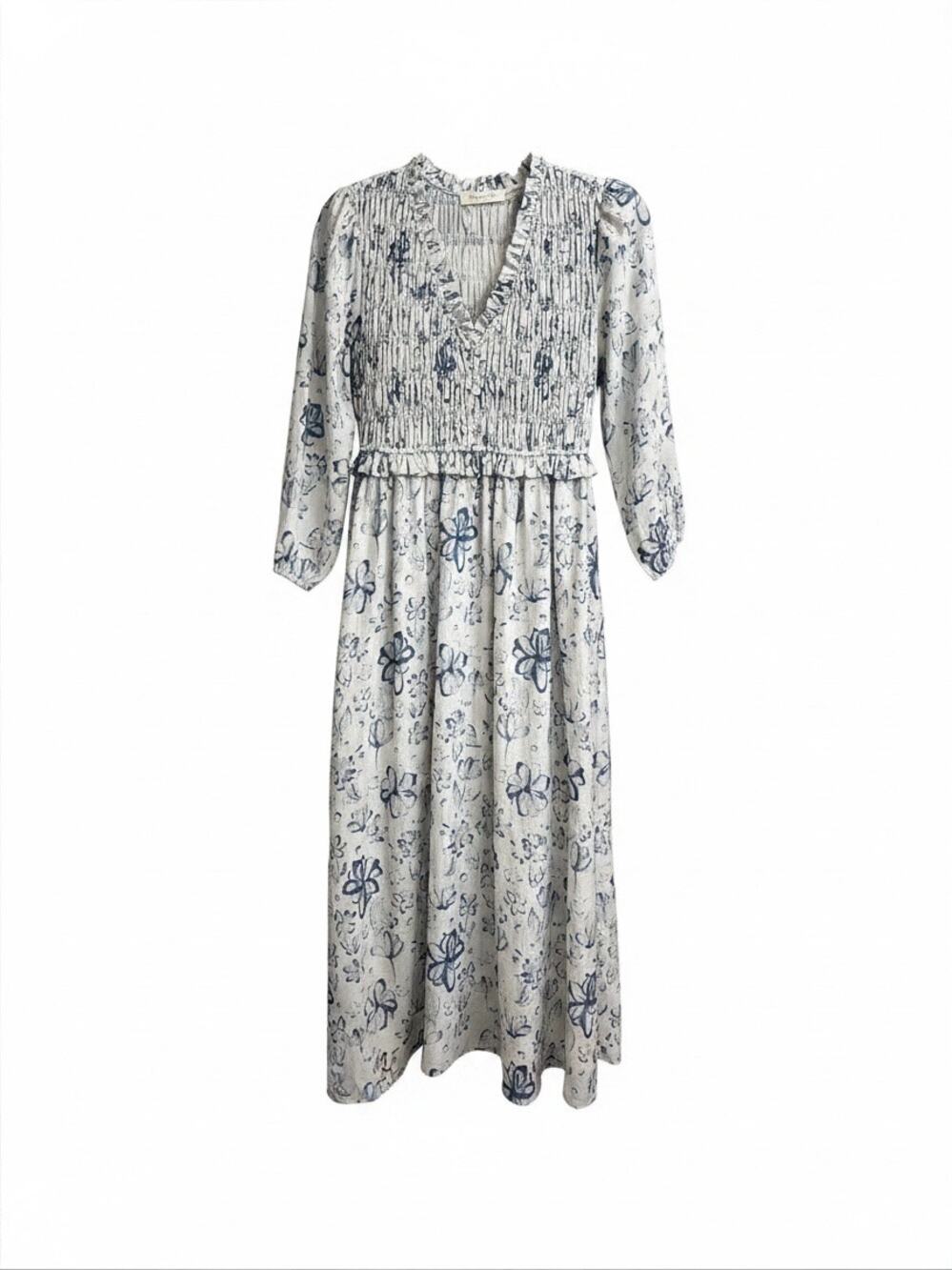 Doe & Rae S Floral Smocked Bodice Midi Dress Long Sleeve Faux Button Cream Blue